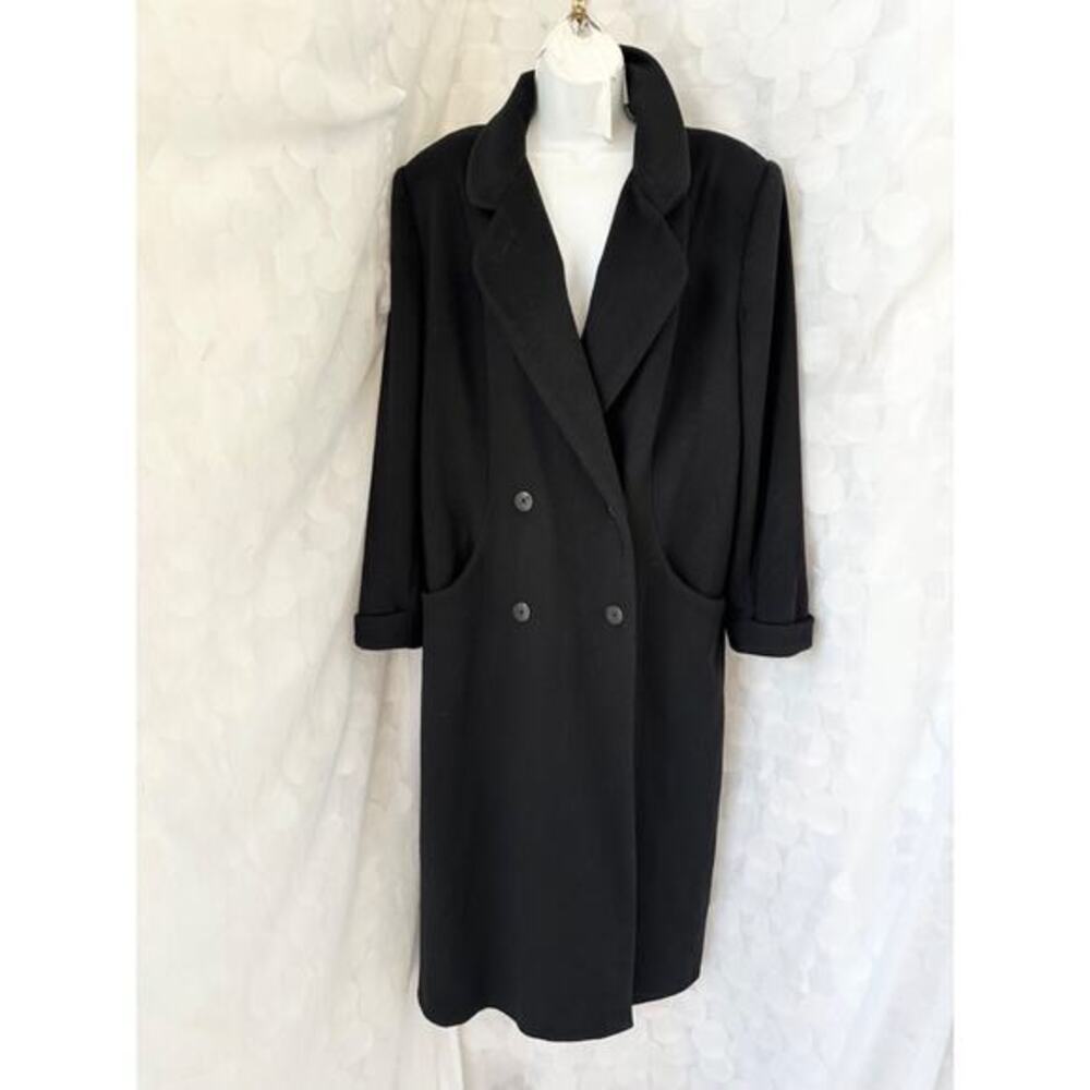 Vintage 100% Wool Womans 16 Black X LONG Maxi Pea Coat John Weitz SPY Equestrian